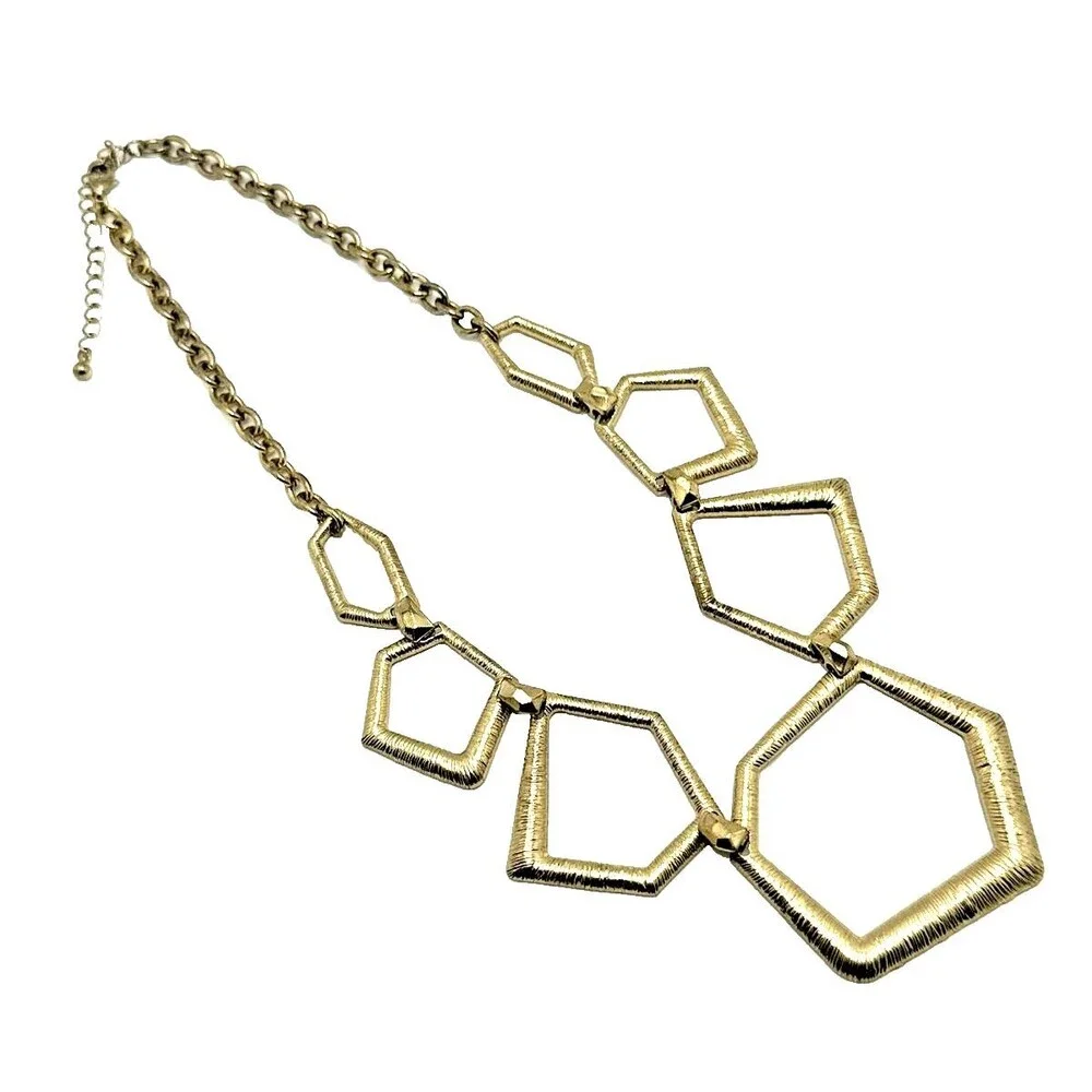 Geometric Link Bib Necklace Textured Gold Tone Modernist Statement 16